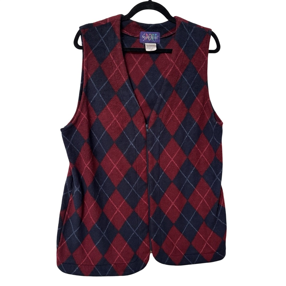 Vintage Mary Rose Sport Argyle Fleece Sweater Vest Womens L Red Navy Fisherman